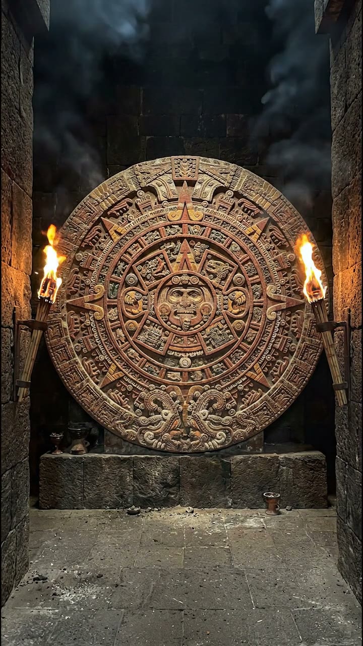 Piedra del Sol con colores y dos antorchas, en una escena del video de Tonalamatl